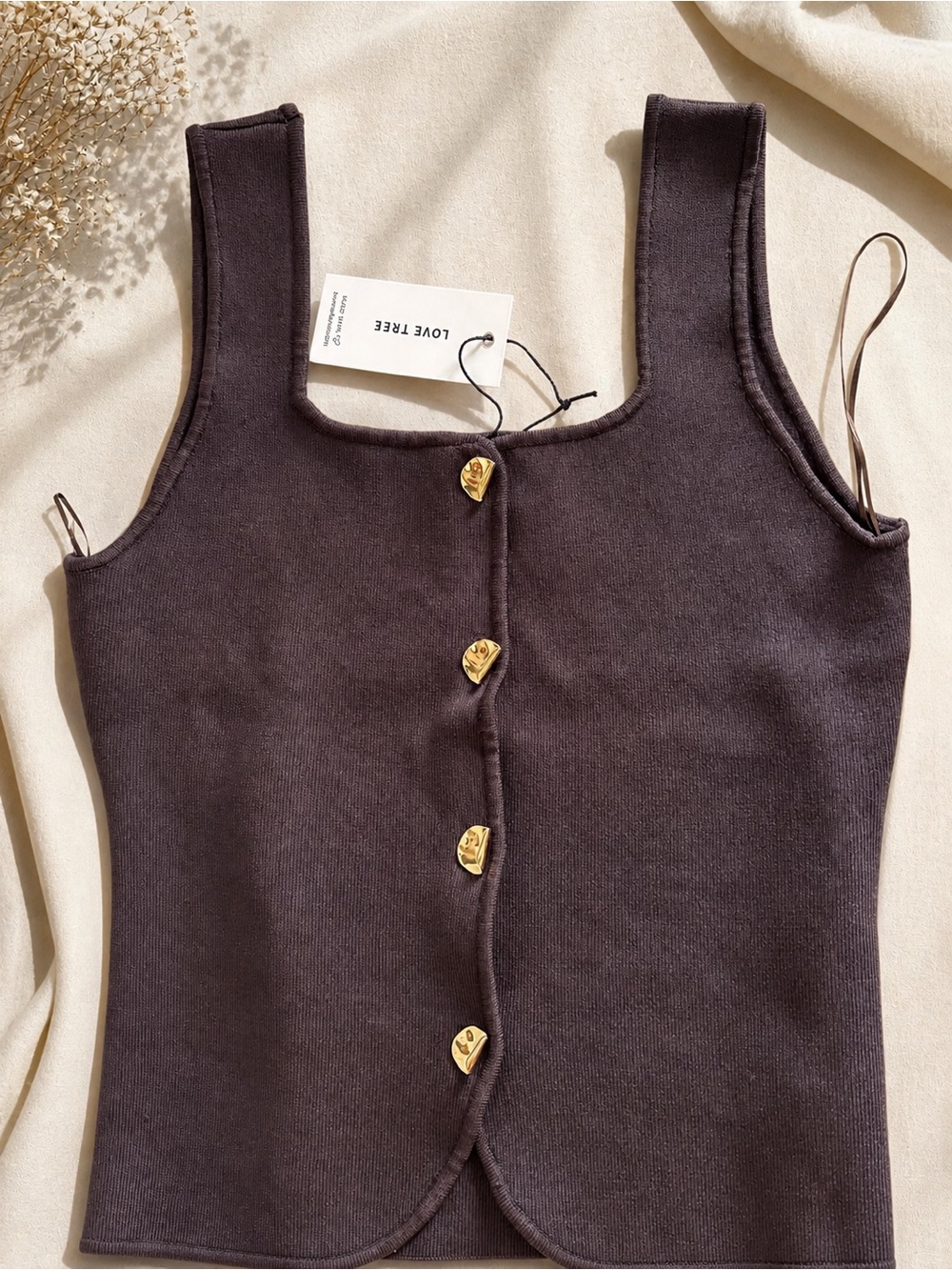 Love Tree Ribbed Tank Top | Gold Button Detail | Chic Minimal | NWT